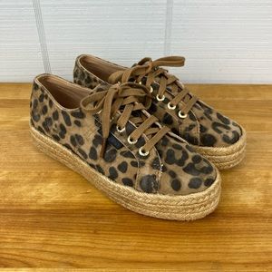 Superga Leather Leopard Print Brown Sneakers Woven Espadrille Platform 36 / 5.5